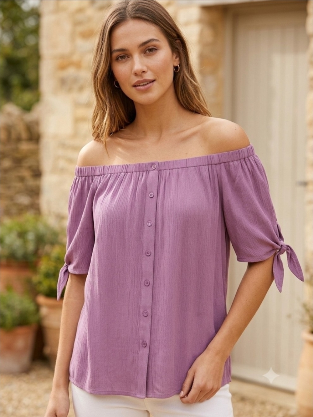 Kismet Off-Shoulder Button-Front Blouse in Lavender